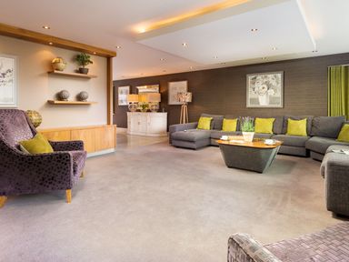 A living room with a large gray sectional sofa with yellow pillows a purple armchair two wooden shelves with plants and decorative objects a wooden coffee table with a plant and cups a white cabinet with lamps and framed pictures on the walls at Carus House at Carus Green Golf Club in Kendal