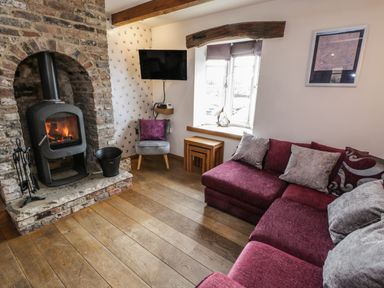 A living room with a brick fireplace a wood stove a purple sofa a gray chair and a wall mounted TV at Swallows Nest in Whitby