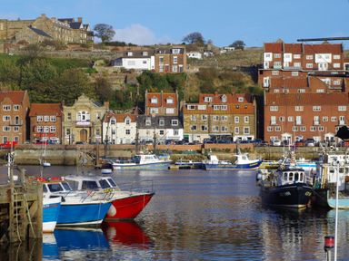 A harbor with fishing boats docked near buildings and houses on a hillside at Swallows Nest in Whitby
