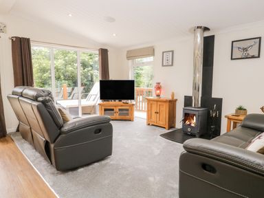A living room with leather sofas a wood burning stove a television and sliding glass doors at Robin Lodge in Cartmel