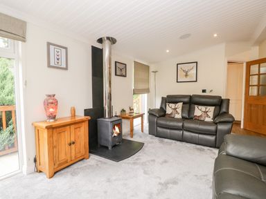 A living room with a wood stove and leather sofas with deer cushions at Robin Lodge in Cartmel