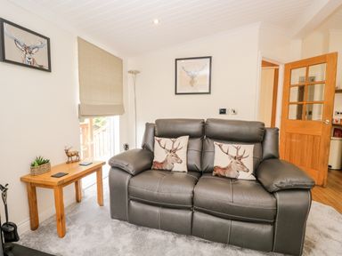 A living room with a leather sofa with deer cushions a wooden side table with a plant and decoration and framed deer pictures on the wall at Robin Lodge in Cartmel