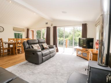 A living room with leather sofas a wood stove a television and a dining table at Robin Lodge in Cartmel