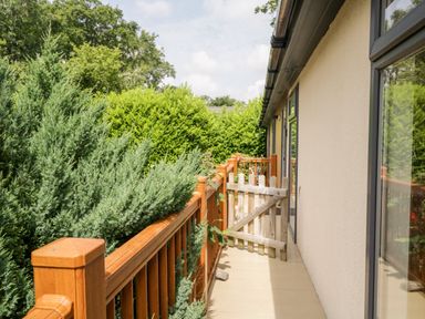 A wooden balcony with railing and a wooden gate next to a beige wall and green shrubbery at Robin Lodge in Cartmel