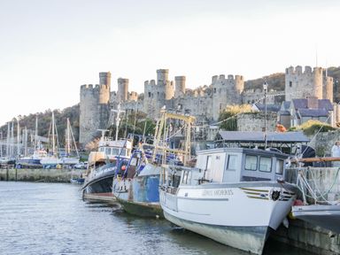 Boats moored in a harbor with a medieval stone castle and houses in the background at Dolwen in Penmachno