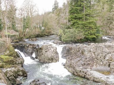 A river with rocks and small waterfalls surrounded by trees at Dolwen in Penmachno