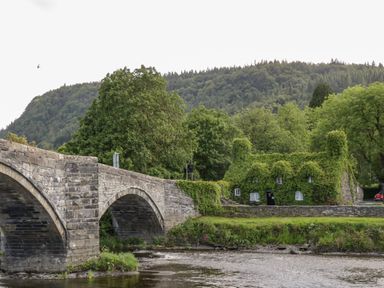 A stone bridge over a river with a house covered in ivy and trees in the background at Dolwen Penmachno