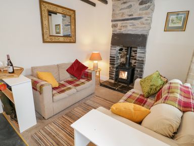 A sitting room with two sofas near a fireplace and a rug on the floor at Dolwen in Penmachno