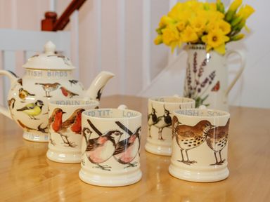 A teapot and mugs with bird illustrations on a wooden table with a jug of yellow flowers at Dolwen in Penmachno