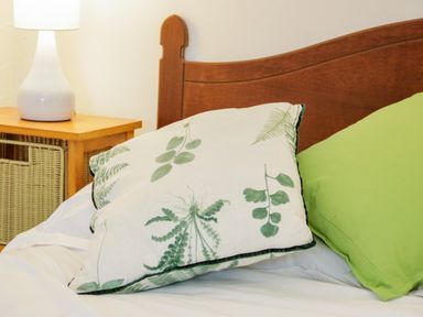 A bed with two pillows and a bedside table with a lamp at Dolwen in Penmachno