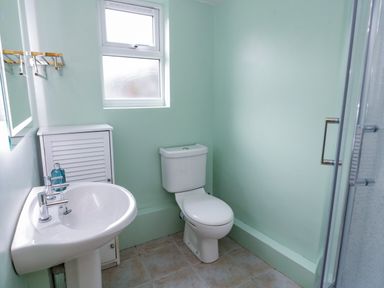 A bathroom with a toilet sink shower and small window at Dolwen in Penmachno