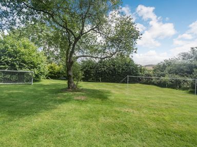 A green lawn with a tree in the center and sports nets on either side at Nattaden @ Fourwinds in Meldon near Okehampton