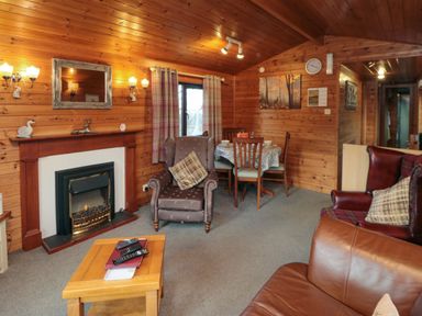 A living room with a fireplace armchairs a dining table and wooden paneling at Holly Lodge in Liverton