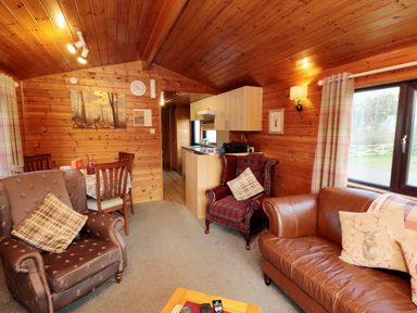 A living room with wooden walls a brown leather sofa and armchairs at Holly Lodge in Liverton