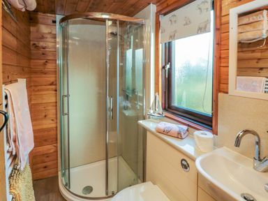A bathroom with a corner shower unit sink toilet window and wooden walls at Holly Lodge in Liverton