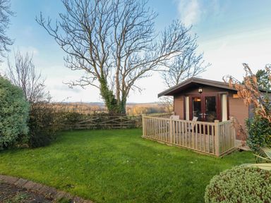 A garden with grass trees wooden fence and a small wooden cabin at Holly Lodge in Liverton