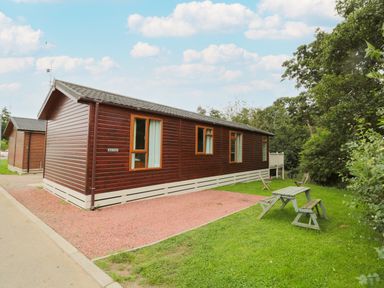 A wooden lodge with several windows a gravel driveway and a picnic table on the grass at Number 43 Burnside Lodge in Felton