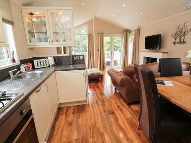 A kitchen and living area with a sink, toaster, kettle, glass cabinet, brown sofas, a mounted television, and wooden dining table at Number 43 Burnside Lodge in Felton