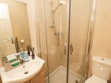 A bathroom with a sink, mirror, glass shower enclosure, and toilet at Number 43 Burnside Lodge in Felton