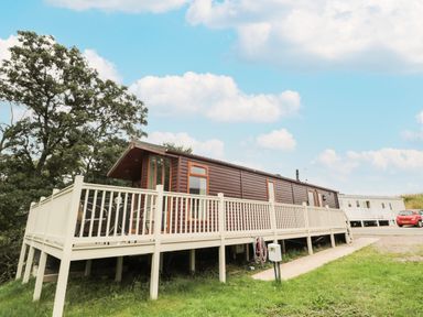 A wooden lodge with a white railing around the deck and a pathway leading to it at Number 43 Burnside Lodge in Felton