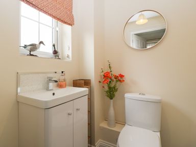 A bathroom with a white sink cabinet and a soap dispenser a window with two duck figurines a white toilet a vase with red and white flowers and a round mirror on the wall at West Bay Holiday Home in West Bay