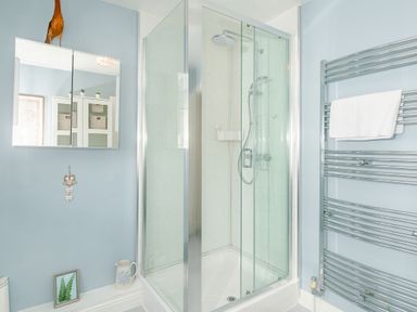 A bathroom with a glass shower enclosure a wall-mounted mirrored cabinet a towel on a chrome heated towel rail and decorative items on a blue wall at West Bay Holiday Home in West Bay