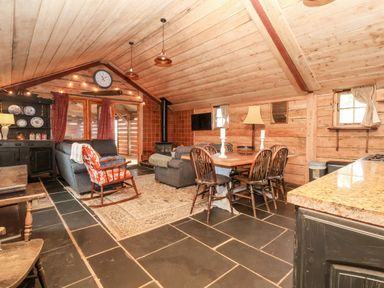 An open plan living and dining area with wooden walls and ceiling a dining table with chairs a wood burning stove and sofas at Y Caban Pontfadog near Llangollen