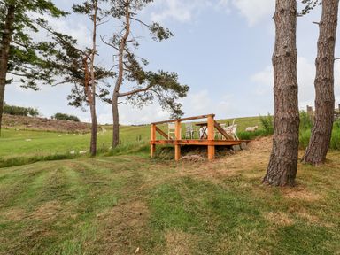 A wooden deck with chairs and a table in a grassy field with trees and sheep at Y Caban in Pontfadog near Llangollen