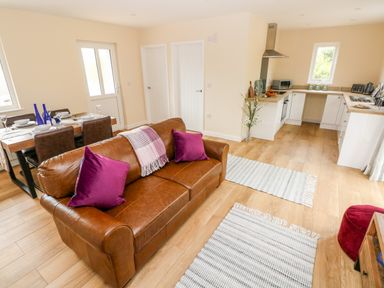 An open living room and kitchen with a brown sofa, dining table, and kitchen appliances at Caldey Lodge (Bier Wood Lodges) in Manorbier