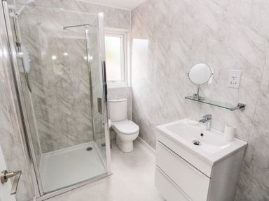 A bathroom with a glass shower cubicle toilet and sink with a mirror on a shelf at Caldey Lodge Bier Wood Lodges in Manorbier