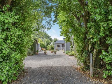 A gravel driveway framed by green trees leading to gray houses with potted plants at Caldey Lodge in Manorbier