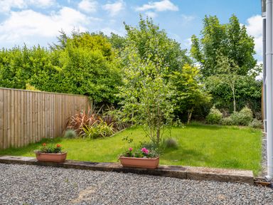 A garden with a grassy lawn young trees flower pots gravel area and wooden fence at Ramsey Lodge Bier Wood Lodges in Manorbier