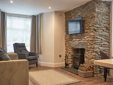 A living room with a stone fireplace wood stove a wall-mounted TV armchair and a window with blinds and curtains at Lower Sheriff's Place in Windermere