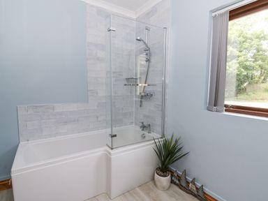 A bathroom with a shower above a bathtub at Kala in Spittal near Haverfordwest