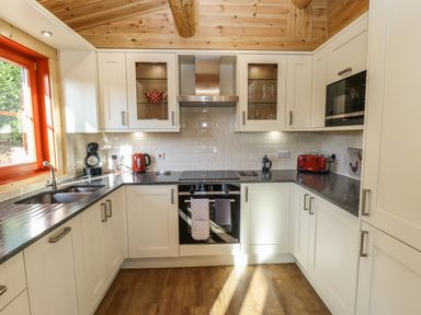 A kitchen with white cabinets black countertops a stove and oven a red toaster and kettle and wooden ceiling at Holly Lodge in Greetham Rutland