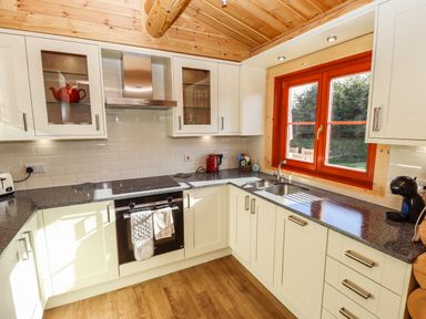 A kitchen with white cabinets black appliances and a wooden ceiling at Pine Lodge in Greetham Rutland