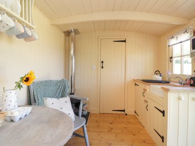 A small kitchen with a round wooden table a chair with cushions a stove a sink hanging mugs and a sunflower in a vase at The Shepherds Hut at Marley near Barham Kent