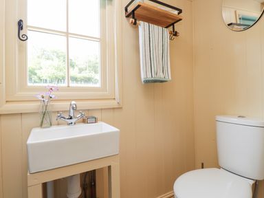 A bathroom with a white sink, a towel rack with a striped towel, a toilet, and a window with flowers in a vase at The Shepherds Hut at Marley Marley near Barham Kent