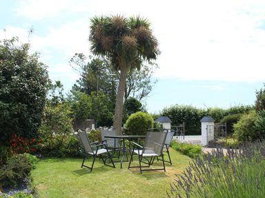 An outdoor garden area with a round table and four chairs surrounded by greenery and a tall tree at Robin Hill in Duporth near St Austell