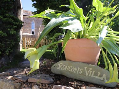 A potted plant with a rock engraved Roncons Villa in a garden with a stone building and wooden gate in Goldsithney