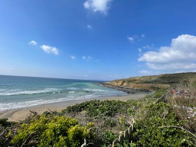 A coastal scene with a sandy beach and rocky shoreline with greenery in foreground at Roncon's Villa in Goldsithney