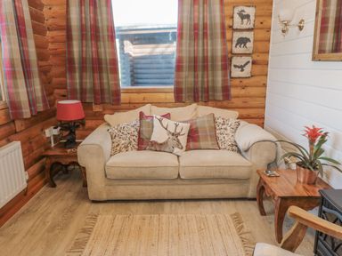 A living room with a beige sofa and cushions including one with a deer print wooden side tables with a red lamp and a plant plaid curtains and wooden walls at Ingram in Longframlington