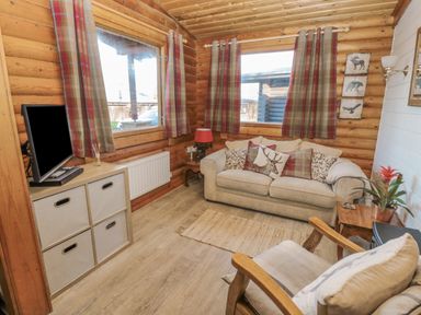 A living room with a beige sofa with cushions a TV on a storage unit and wooden walls at Ingram in Longframlington
