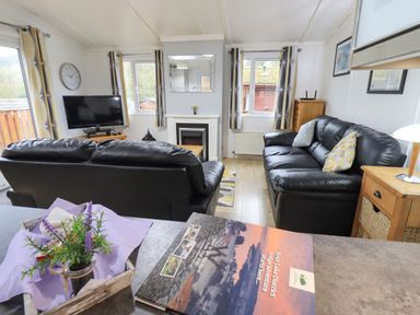 A living room with two black leather sofas a television on a wooden stand and a fireplace at Lavender Lodge in Applethwaite 4 Limefitt Park near Windermere