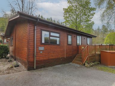 A wooden lodge with steps leading to the door surrounded by trees at Lavender Lodge Applethwaite 4 Limefitt Park near Windermere