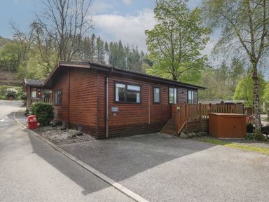 A wooden lodge surrounded by trees with a paved driveway and small garden at Lavender Lodge Applethwaite 4 Limefitt Park near Windermere