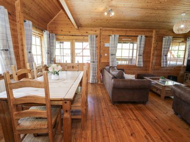 A wooden dining table with chairs and a small flower arrangement next to a seating area with brown leather sofas in a wooden cabin at Sun View Lodge in Llanbedr
