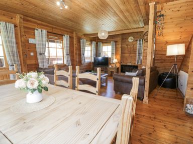 A wooden dining table with flowers and a living room with sofas a TV and lamps at Sun View Lodge in Llanbedr