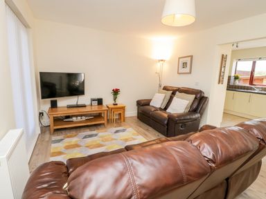 A living room with two leather sofas a TV on a wooden stand and a patterned rug at Esk View in Whitby