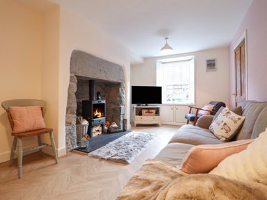 A living room with a fireplace television chairs and a sofa at Bodlondeb in Tremadog